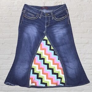 YMI Upcycled Denim Flare Midi Jean Skirt Size 7 Boho Hippie Festival Stretch Y2K